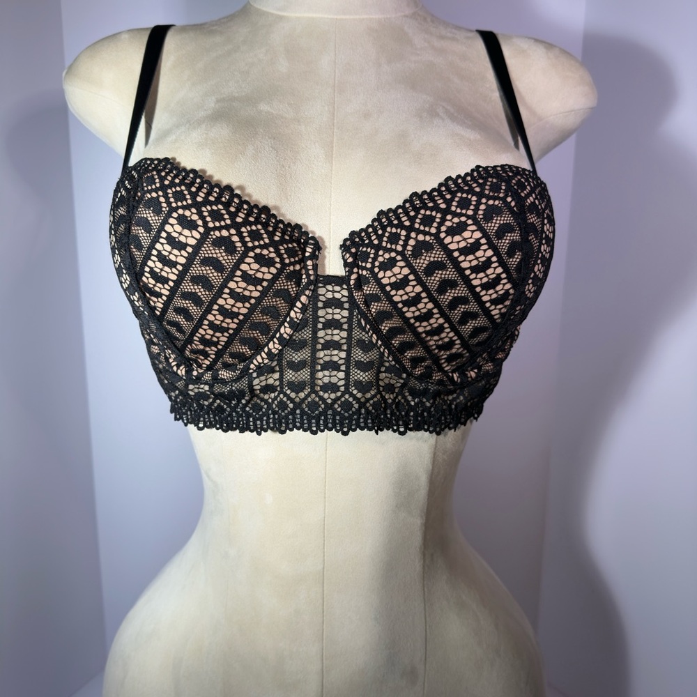 Adore Me Black Lace Longline Bra with Geometric Pattern